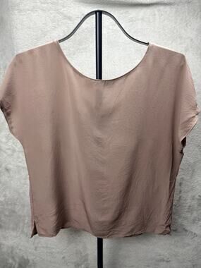 Vintage Condor 100% Silk Blouse Womens 13/14 Taupe Brown V Neck Pocket Top